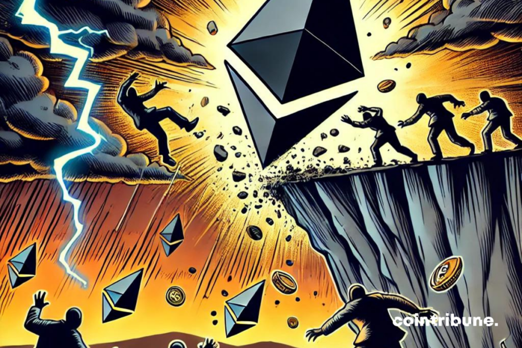 Une chute drastique de la valeur d'Ethereum, symbolisée par un grand logo Ethereum tombant d'une haute falaise.