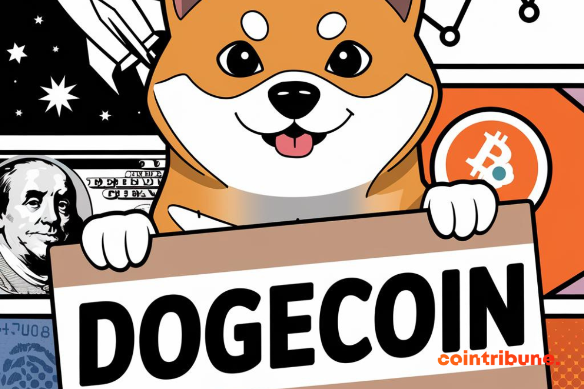 image montrant un chien tenant une pancarte sur laquelle est écrit Dogecoin