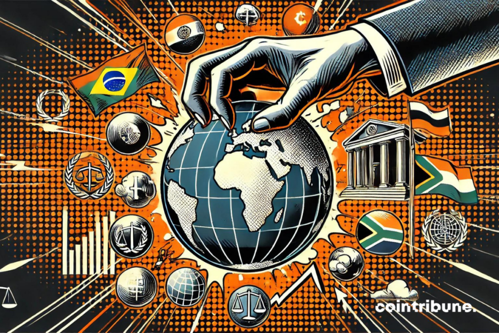 image mettant en avant l'influence des pays BRICS sur la réforme des institutions internationales. Elle utilise des éléments puissants et dynamiques comme une main remodelant un globe et des éclairs pour symboliser le changement et la disruption