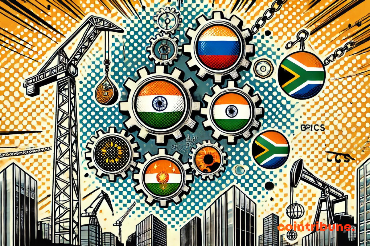 image montrant le drapeaux des pays membres des BRICS, des bâtiments, une balance et des objets financiers.