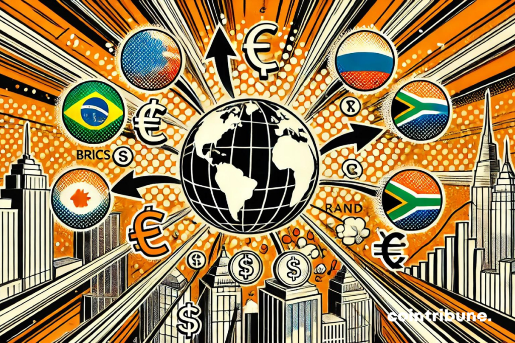 image style bande dessinée pour représenter les investissements étrangers dans les pays BRICS. Elle intègre des éléments dynamiques tels qu'un globe, des flèches de mouvement, et des symboles financiers