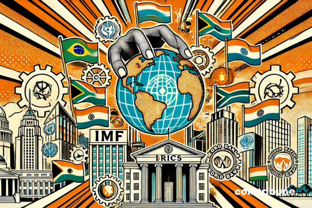 image en style bande dessinée illustrant l'influence des pays BRICS sur la réforme des institutions internationales. Elle utilise les couleurs orange, noir et blanc, et incorpore des éléments symboliques et dynamiques pour attirer l'attention et éveiller la curiosité