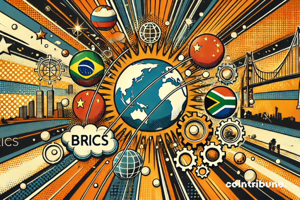 Illustration en style bande dessinée représentant les partenariats mondiaux des BRICS. L'image inclut des éléments comme un globe avec des lignes lumineuses reliant les pays BRICS à différentes régions du monde, des symboles visuels tels que des cordes ou des chaînes entrelacées pour représenter des liens solides, et des faisceaux de lumière convergeant vers le globe pour illustrer l'unité et la coopération