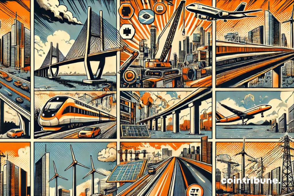 illustration en style bande dessinée sur le développement des infrastructures dans les pays BRICS. Cette image utilise des éléments tels que des ponts massifs, des aéroports modernes, des réseaux ferroviaires à grande vitesse, et des infrastructures numériques avancées