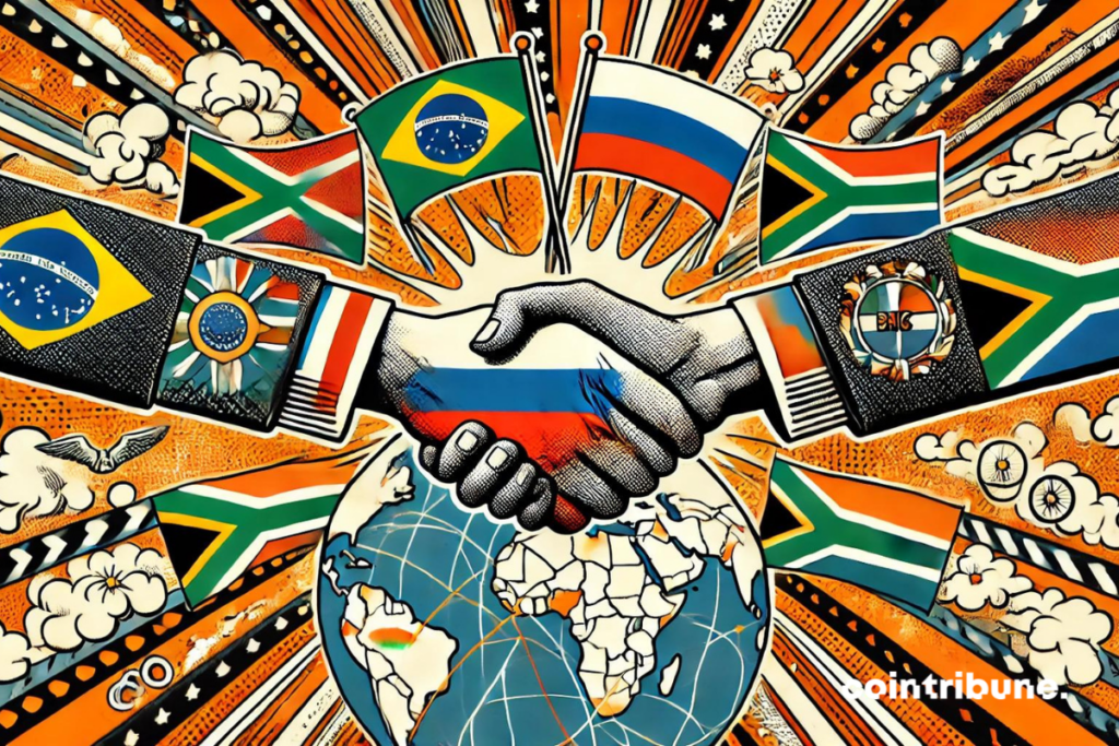 illustration en style bande dessinée représentant les relations bilatérales au sein des BRICS. L'image inclut des éléments visuels comme des drapeaux entrelacés des pays BRICS, des poignées de main symboliques entre paires de pays sur une carte stylisée, et des chemins ou routes interconnectés pour représenter les liens bilatéraux