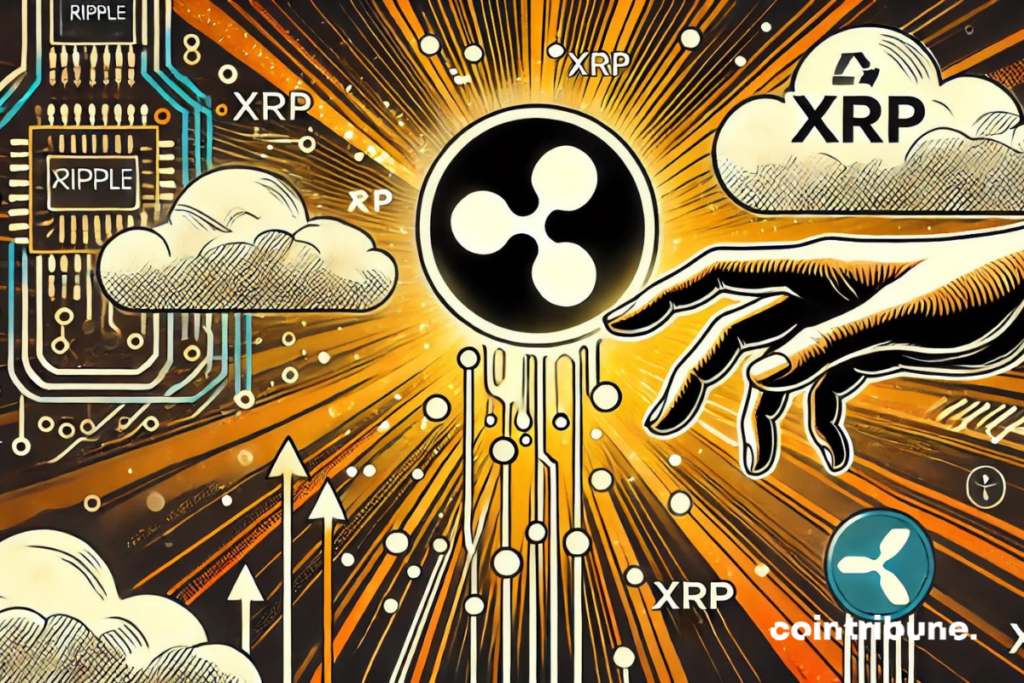 L’image illustre l'obtention de Ripple (XRP), avec un design dynamique et moderne dans un style bande dessinée. Elle évoque la quête et l'acquisition du XRP, utilisant des éléments numériques pour capter l'attention