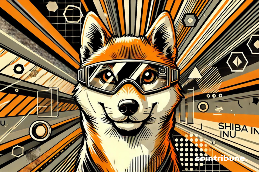 image dans un style de bande dessinée aux couleurs orange, noir, et blanc, montrant un chien, Shiba Inu