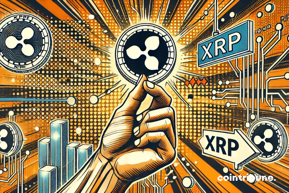 L’image illustre le processus d'achat de Ripple (XRP), dans un style bande dessinée avec une palette de couleurs orange, noir et blanc. Elle utilise des éléments numériques pour représenter l'achat des XRP