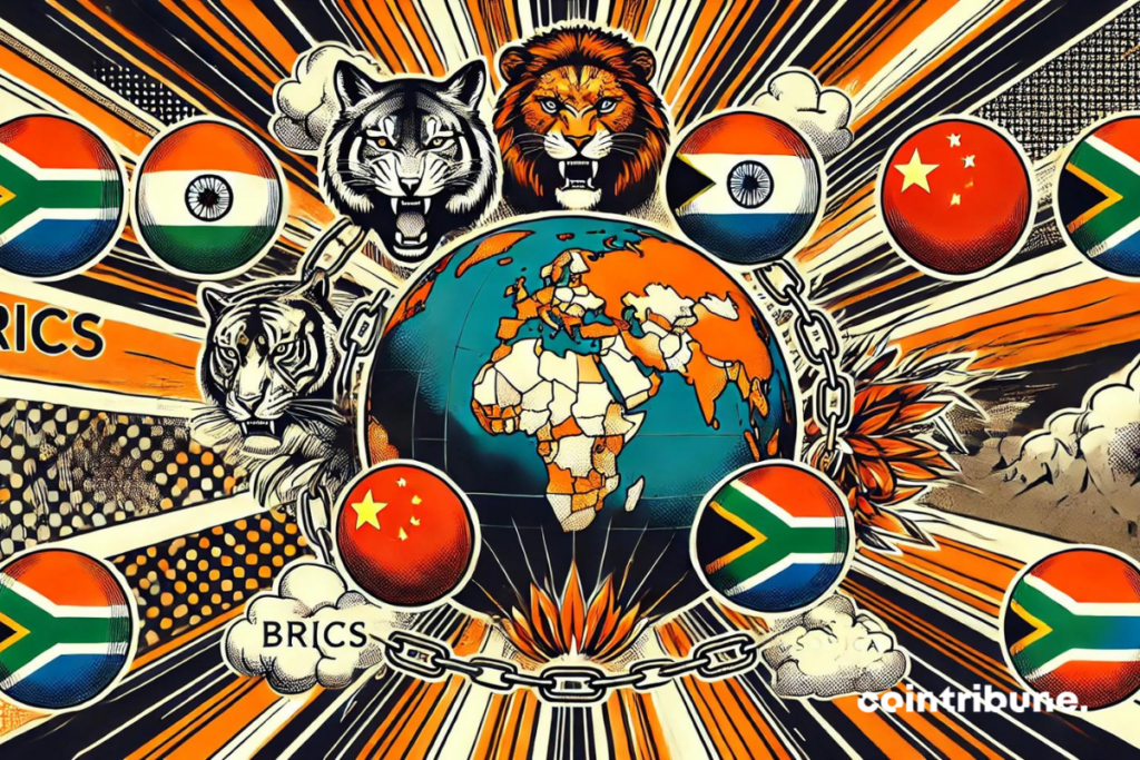 L'image présente un globe central avec chaque pays BRICS mis en évidence, entouré d'éléments dynamiques comme des flèches pointant vers chaque nation, des icônes abstraites représentant l'unité, et des symboles nationaux tels qu'un jaguar, un dragon, un tigre, un aigle, et une fleur de protea