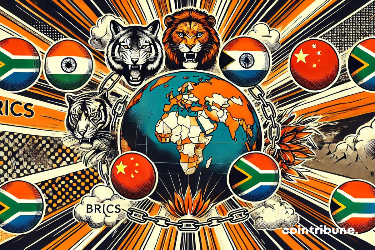 L'image présente un globe central avec chaque pays BRICS mis en évidence, entouré d'éléments dynamiques comme des flèches pointant vers chaque nation, des icônes abstraites représentant l'unité, et des symboles nationaux tels qu'un jaguar, un dragon, un tigre, un aigle, et une fleur de protea