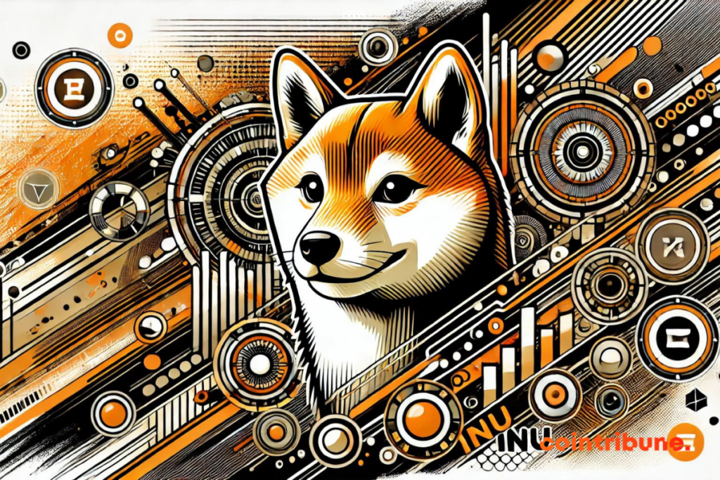 image dans un style bande dessinée et les couleurs orange, noir, et blanc, axée sur le Shiba Inu avec un aspect futuriste