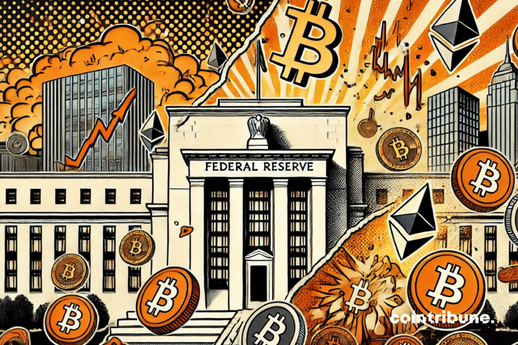 Bitcoin logo in front of the Fed