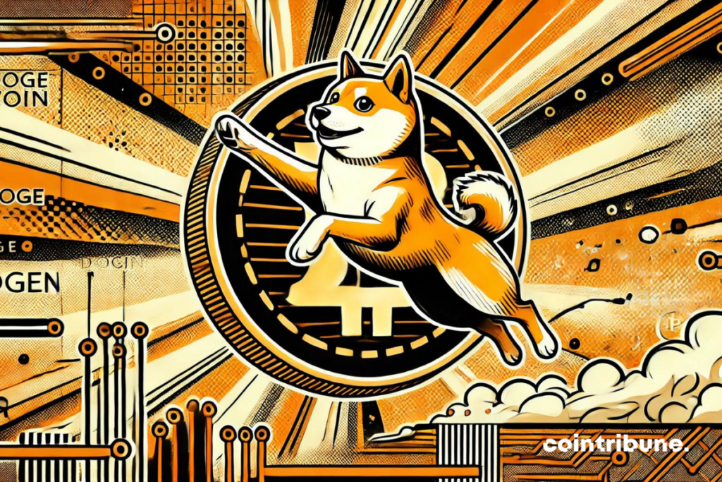 image illustrant l'achat de Dogecoin (DOGE) avec un design dynamique et captivant dans un style bande dessinée