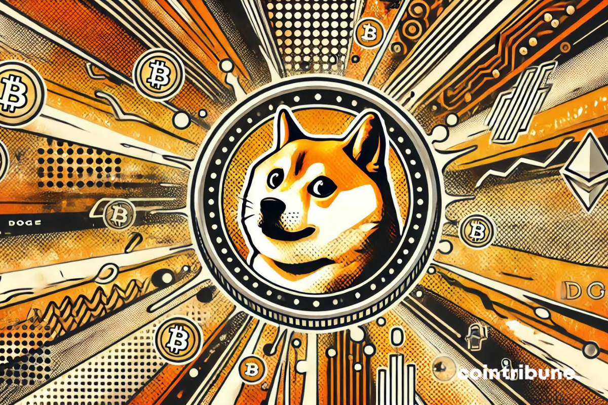 Image illustrant l'achat de Dogecoin (DOGE) avec un design de type bande dessinée en utilisant les couleurs orange, noir, et blanc.