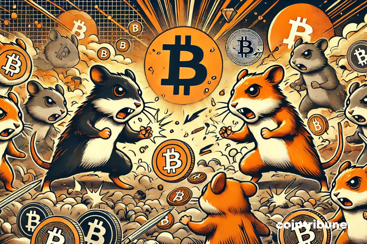 Deux Hamsters qui s'affrontent avec des actifs crypto autour d'eux