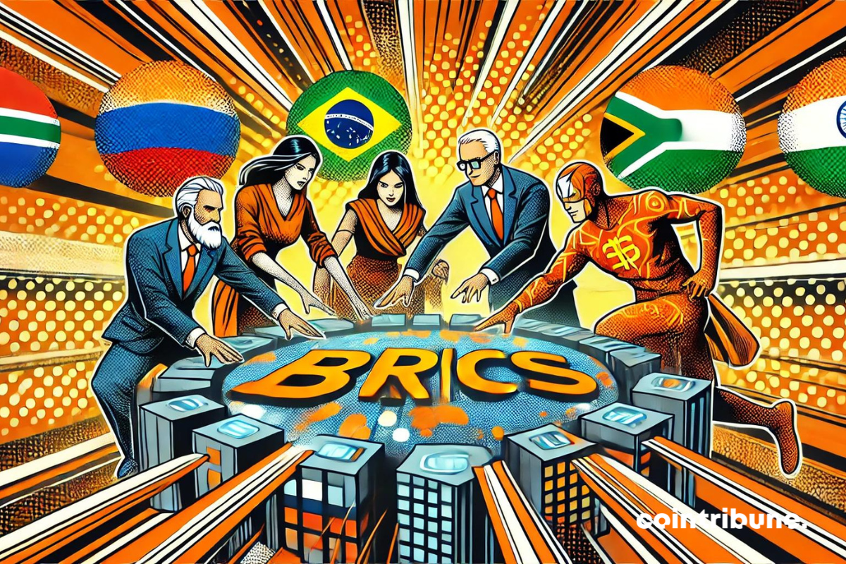 Des personnages représentant les BRICS autour d'une table ronde