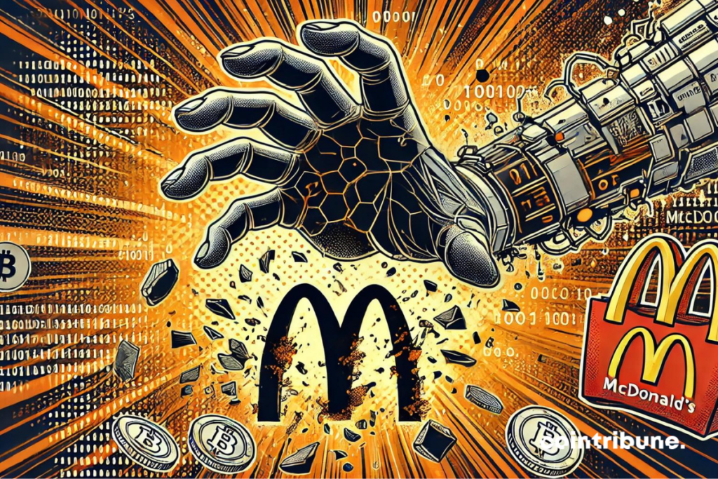 Une main cybernétique qui s'étend sur le logo de McDonald’s et quelques actifs crypto