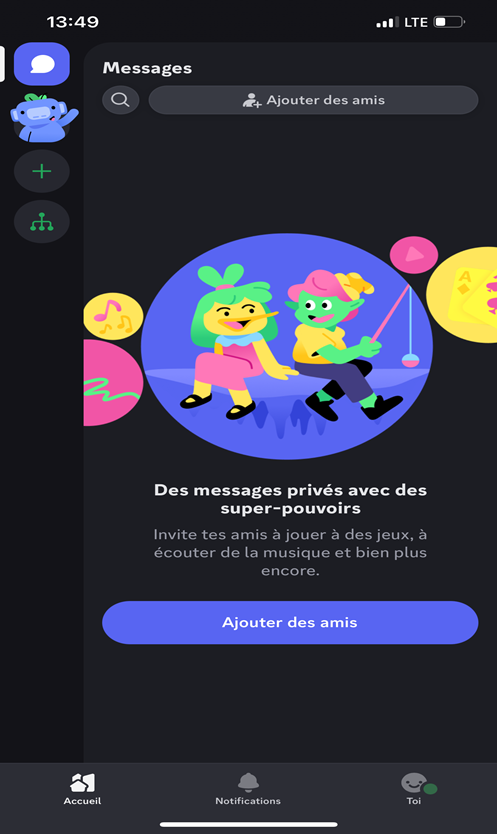 page d'accueil Discord sur mobile