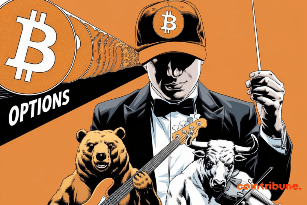 Bitcoin maestro with bear and bull as musicians