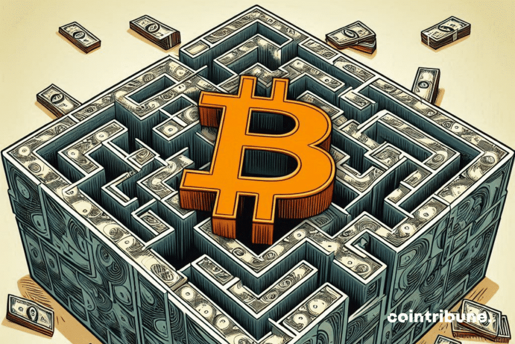 Labyrinthe de dollars et logo de bitcoin