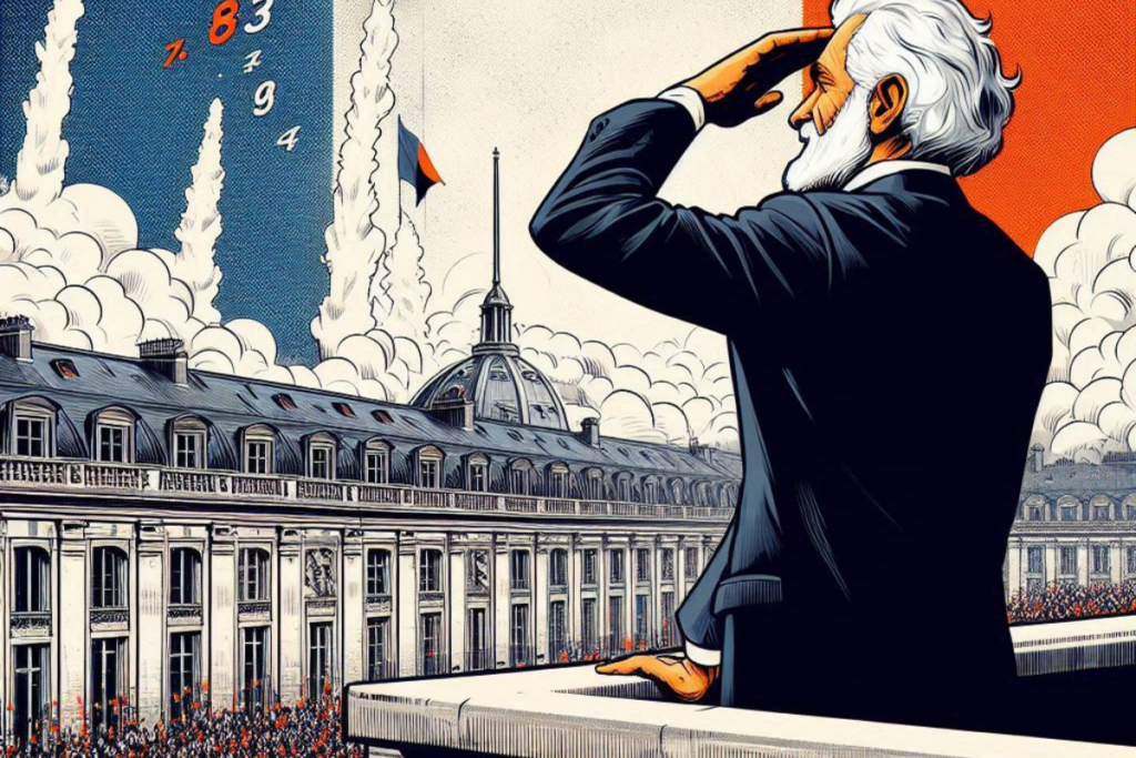 Caricature de Michel Barnier sur un balcon de Matignon