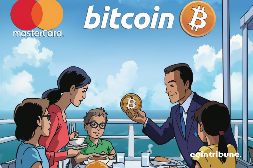 Famille déjeunant payant la facture en bitcoin