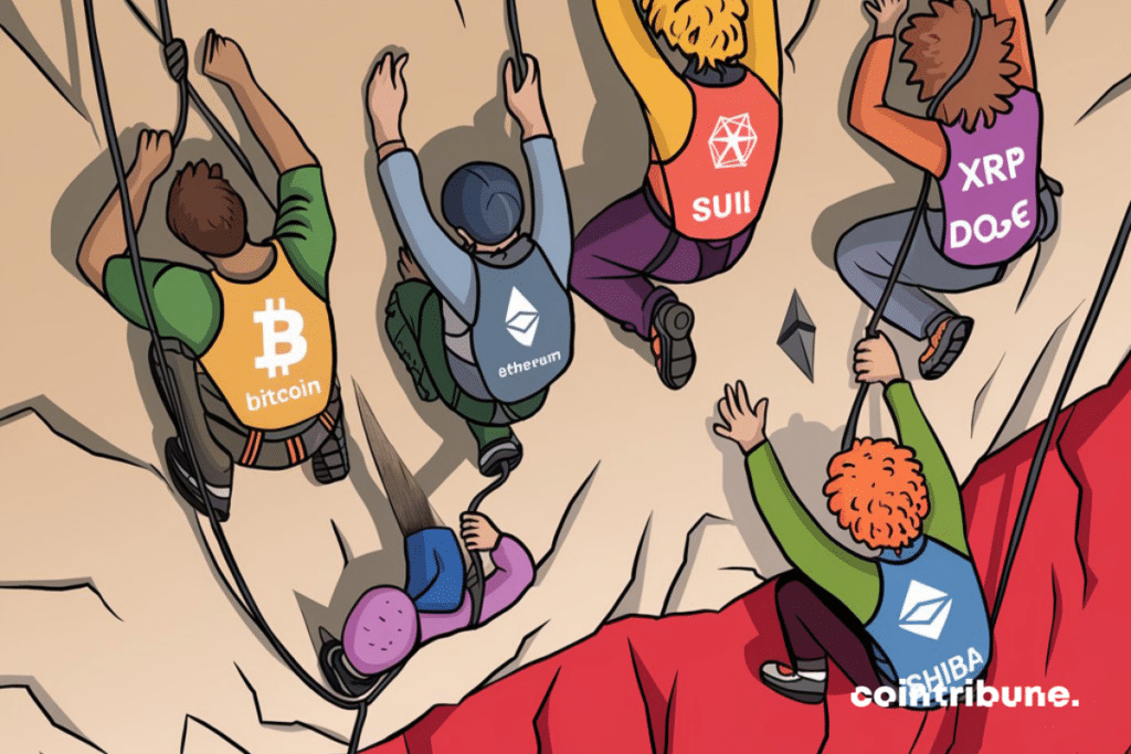 Alpinistes avec dossards aux logos crypto