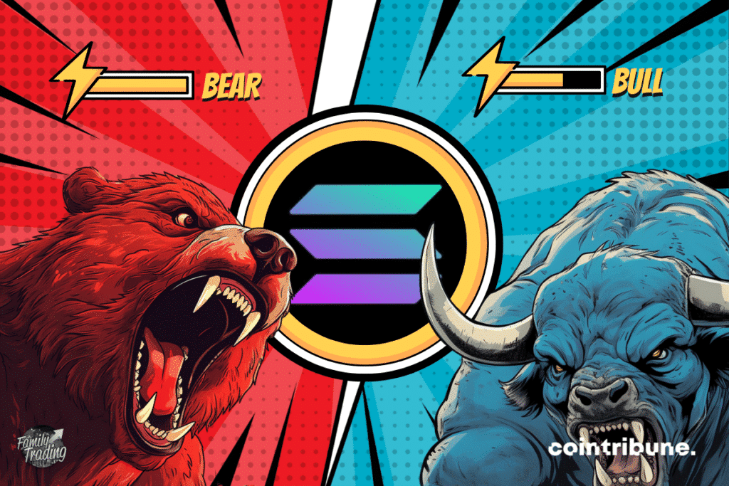 SOL logo, red and blue background with angry red bear and blue bull on either side. At the top of each we see each person's power indicator.