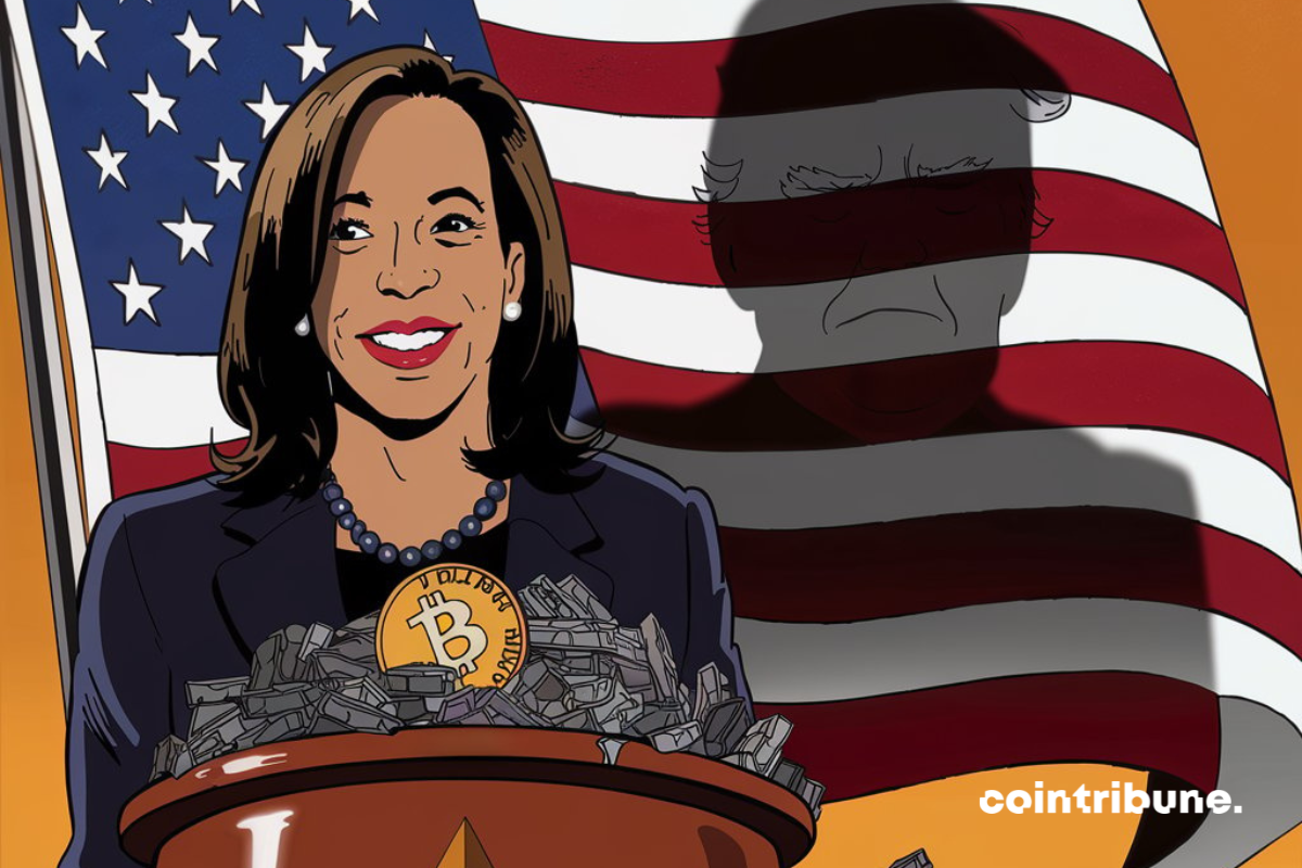 Carricature du duel Harris-Trump et dons crypto