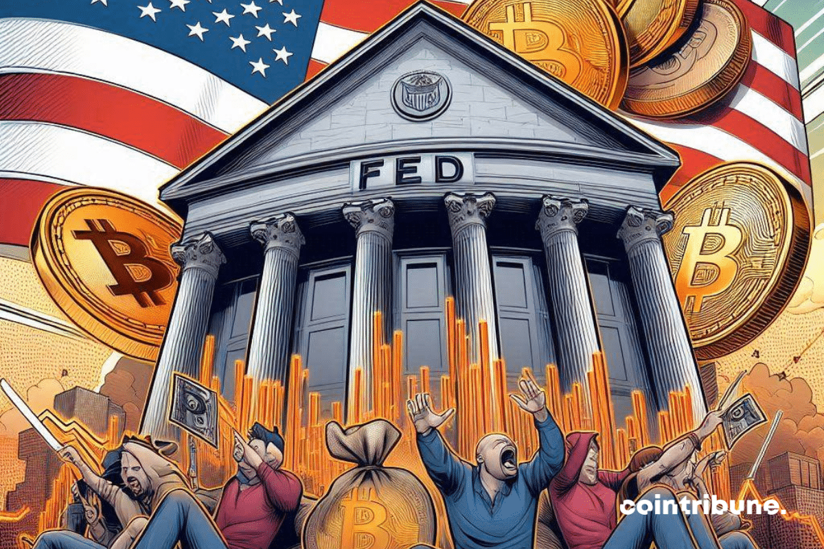 Caricature d'investisseurs crypto paniquant devant l'immeuble de la FED