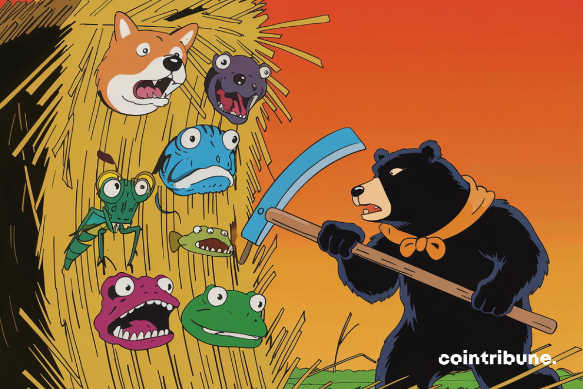 Caricature d'un bear en train de moissonner des memecoins