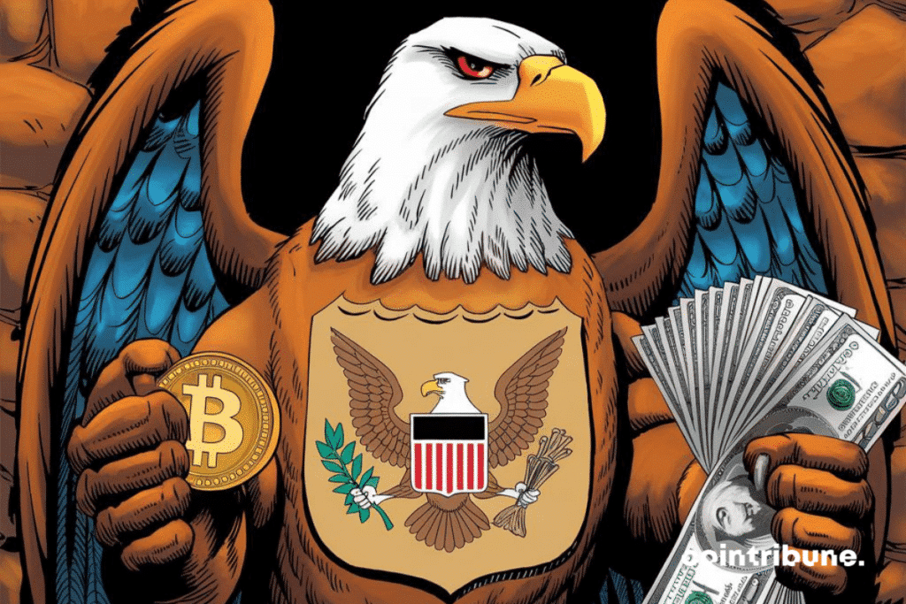 Aigle emblématique de la SEC des Etats-Unis, pièce de bitcoin et billets de dollars