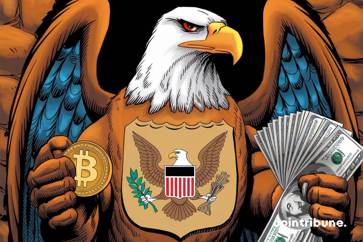 Aigle emblématique de la SEC des Etats-Unis, pièce de bitcoin et billets de dollars