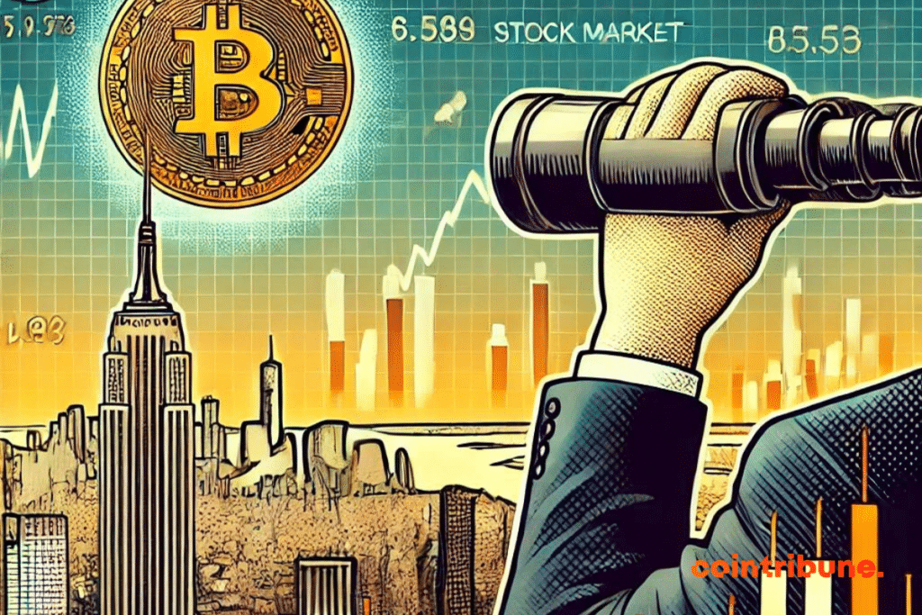 A visual representation of traditional finance exploring cryptocurrencies, especially Bitcoin ETFs, with a contrast between the classic financial universe (skyscrapers, stock market numbers) and the modern Bitcoin symbol (a gold coin with the Bitcoin logo hovering over it). The image should evoke surveillance, analysis and the growing interest of financial institutions.