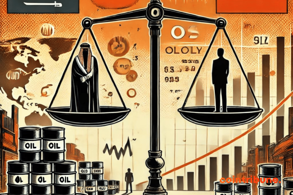 A symbolic geopolitical scene within BRICS, where two silhouettes representing Saudi Arabia and Russia are placed on either side of the scales. On one side, excess barrels of oil, and on the other, a pile of fragile economic documents, ready to fall. In the background is the global oil market with falling charts and volatility indicators. The atmosphere is tense and uncertain, which evokes the economic impact of the Saudi strategy on the Russian economy.