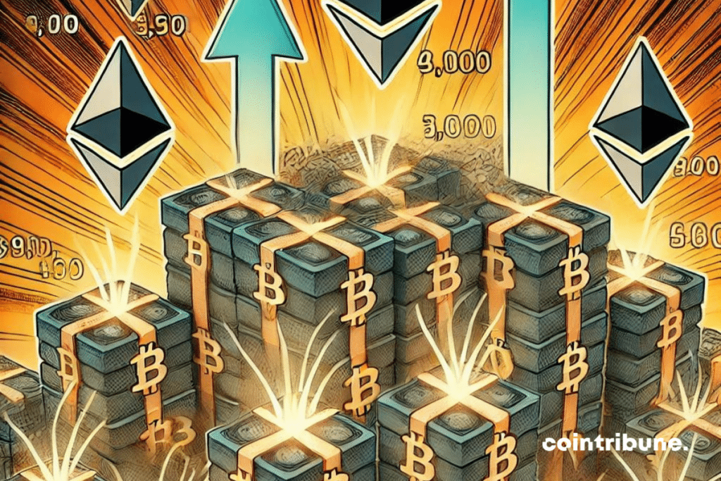 Saturated Ethereum blockchain, symbolizing increasing transaction fees. The image should show transaction blocks stacked on top of each other, with crypto and decentralized exchange symbols, all surrounded by glowing wires representing intense activity on the chain. Above the blocks are labels with increasing numbers to symbolize increasing fees. The environment should evoke congestion and crowding while remaining clean and modern.