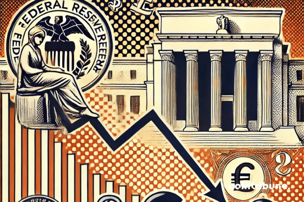 A stylish graph showing a downward curve symbolizing the weakening of the US dollar with the symbols of the Federal Reserve and international currencies such as the Euro and the British pound in the background. The image evokes an atmosphere of economic uncertainty, while being sober and professional. Visuals such as financial data and digital coins such as Bitcoin could be discreetly integrated into the background to indicate the diversification of investment in the economy.