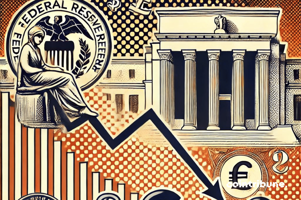 Un graphique élégant montrant une courbe descendante symbolisant l'affaiblissement du dollar américain, avec en arrière-plan des symboles de la Réserve fédérale et des devises internationales comme l'euro et la livre sterling. L'image évoque une atmosphère d'incertitude économique, tout en étant sobre et professionnelle. Des éléments visuels comme des chiffres financiers et des pièces de monnaie numériques, comme le Bitcoin, pourraient être intégrés discrètement dans le fond pour suggérer une diversification des investissements dans l'économie.