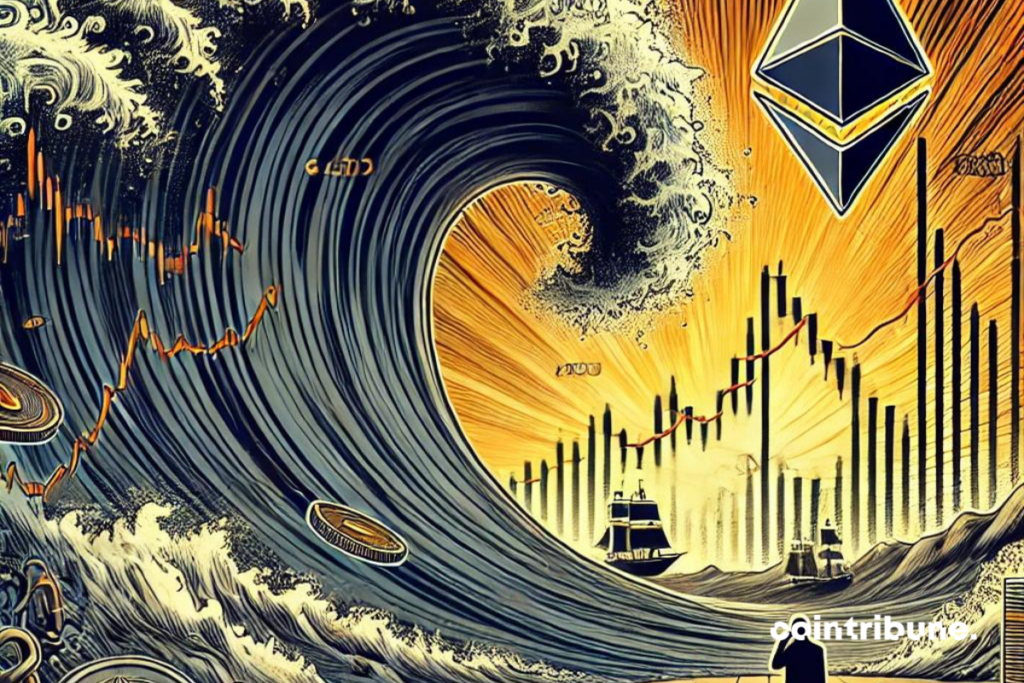 Une grande vague sombre symbolisant la chute soudaine de la crypto Ethereum, avec des graphiques financiers descendant en spirale.