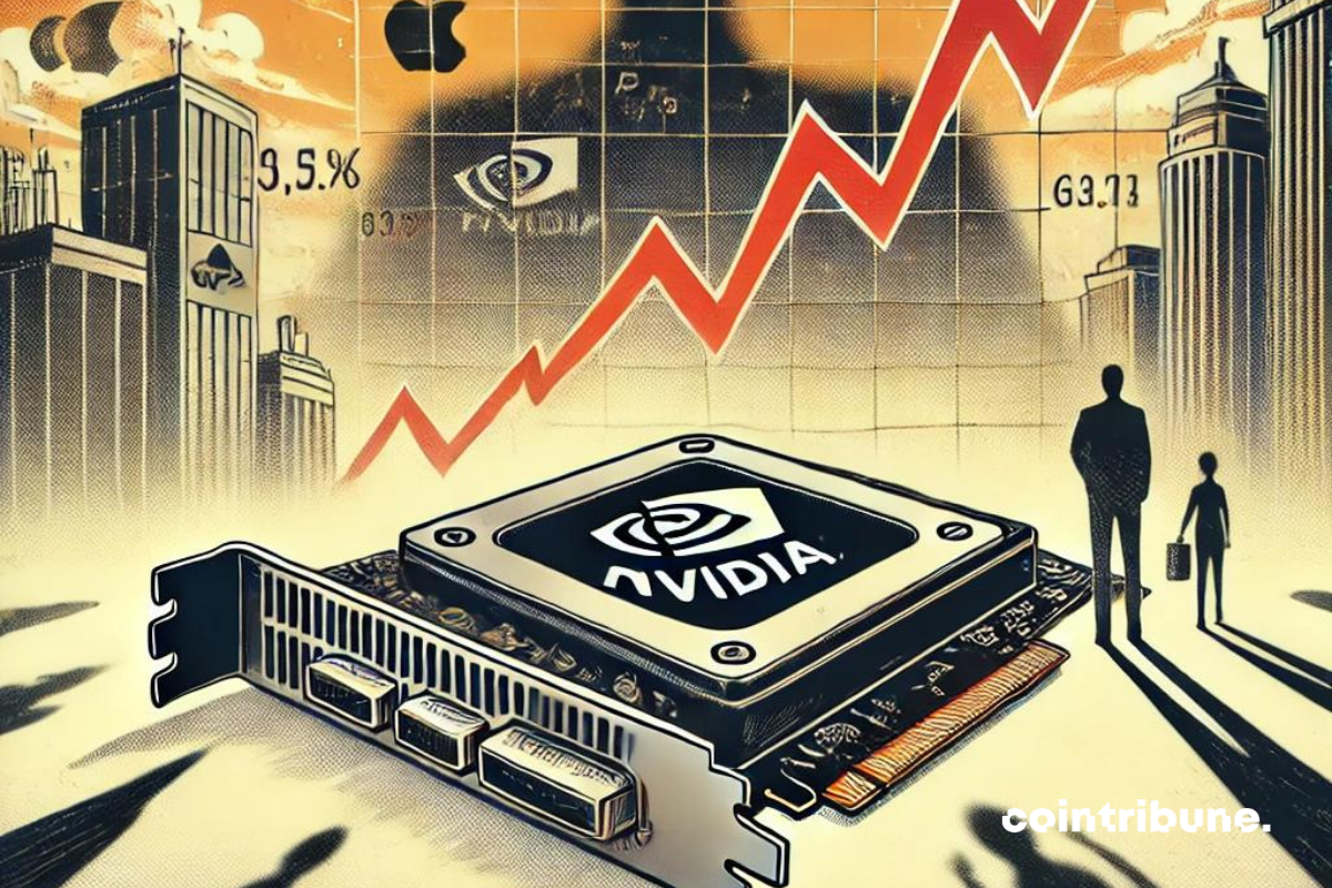 Une bourse en arrière-plan avec des graphiques de trading affichant une forte chute en rouge. À l'avant-plan, une puce graphique Nvidia légèrement floue symbolise la volatilité et l'incertitude.