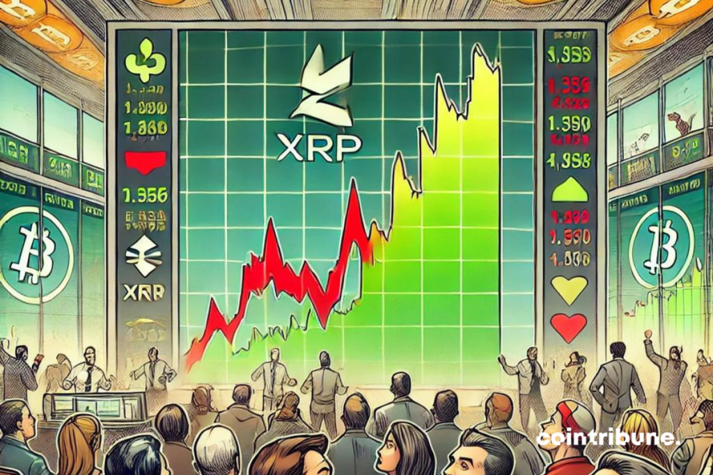 Une scène représentant une bourse de cryptos animée, avec des écrans géants affichant des graphiques de trading en forte hausse, notamment pour le XRP. En arrière-plan, des traders regardent attentivement les écrans, certains affichant des expressions de surprise ou de curiosité.