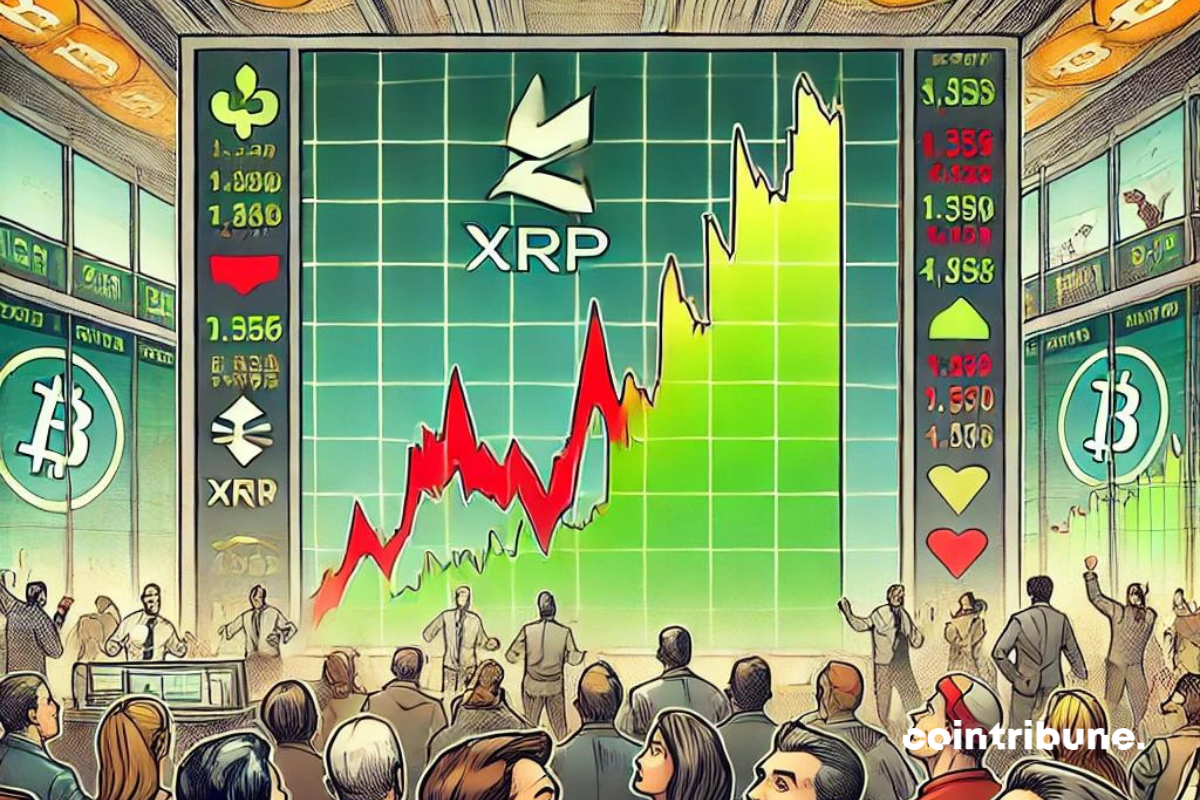 Une scène représentant une bourse de cryptos animée, avec des écrans géants affichant des graphiques de trading en forte hausse, notamment pour le XRP. En arrière-plan, des traders regardent attentivement les écrans, certains affichant des expressions de surprise ou de curiosité.