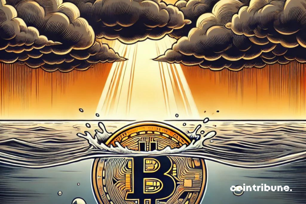 Un Bitcoin partiellement immergé dans un océan calme mais sombre, représentant l'incertitude et la stagnation. En arrière-plan, des nuages lourds symbolisent les inquiétudes des investisseurs.