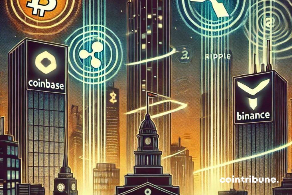 Un paysage urbain futuriste sombre, avec de hauts gratte-ciels symbolisant les grandes entreprises avec les logos de CoinBase Binance et Ripple, tandis que des faisceaux lumineux représentant des flux d'argent s'enroulent autour des bâtiments et convergent vers un édifice gouvernemental en arrière-plan.