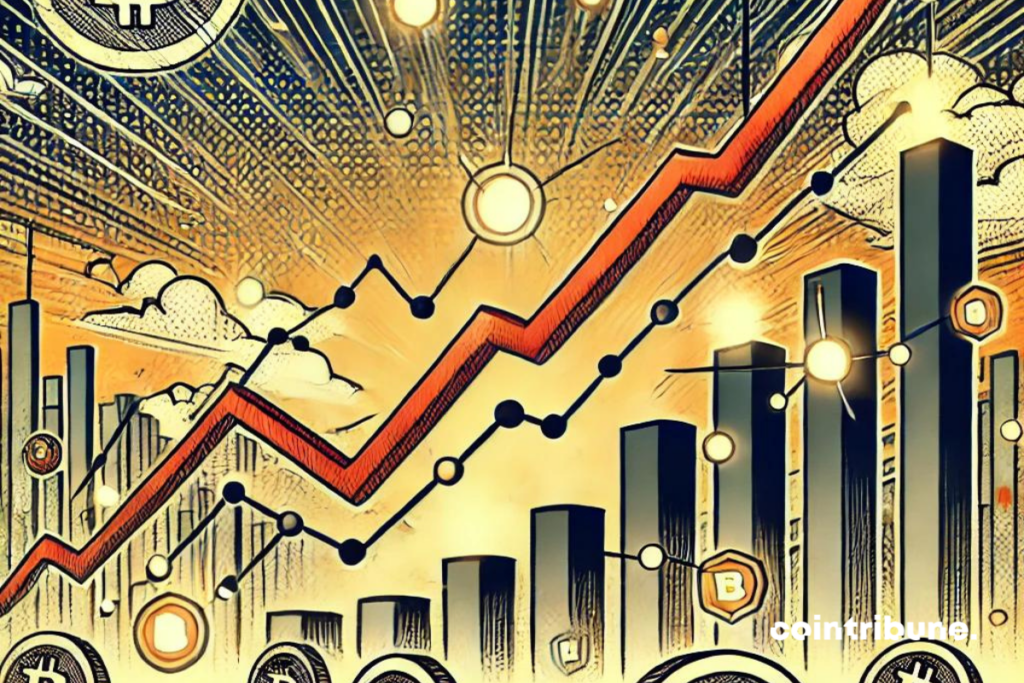 Un graphique subtil symbolisant la montée rapide puis la chute dans le réseau Bitcoin Runes. Des éléments visuels de la blockchain sont intégrés, et la silhouette floutée de la pièce de Bitcoin apparaît en arrière-plan.