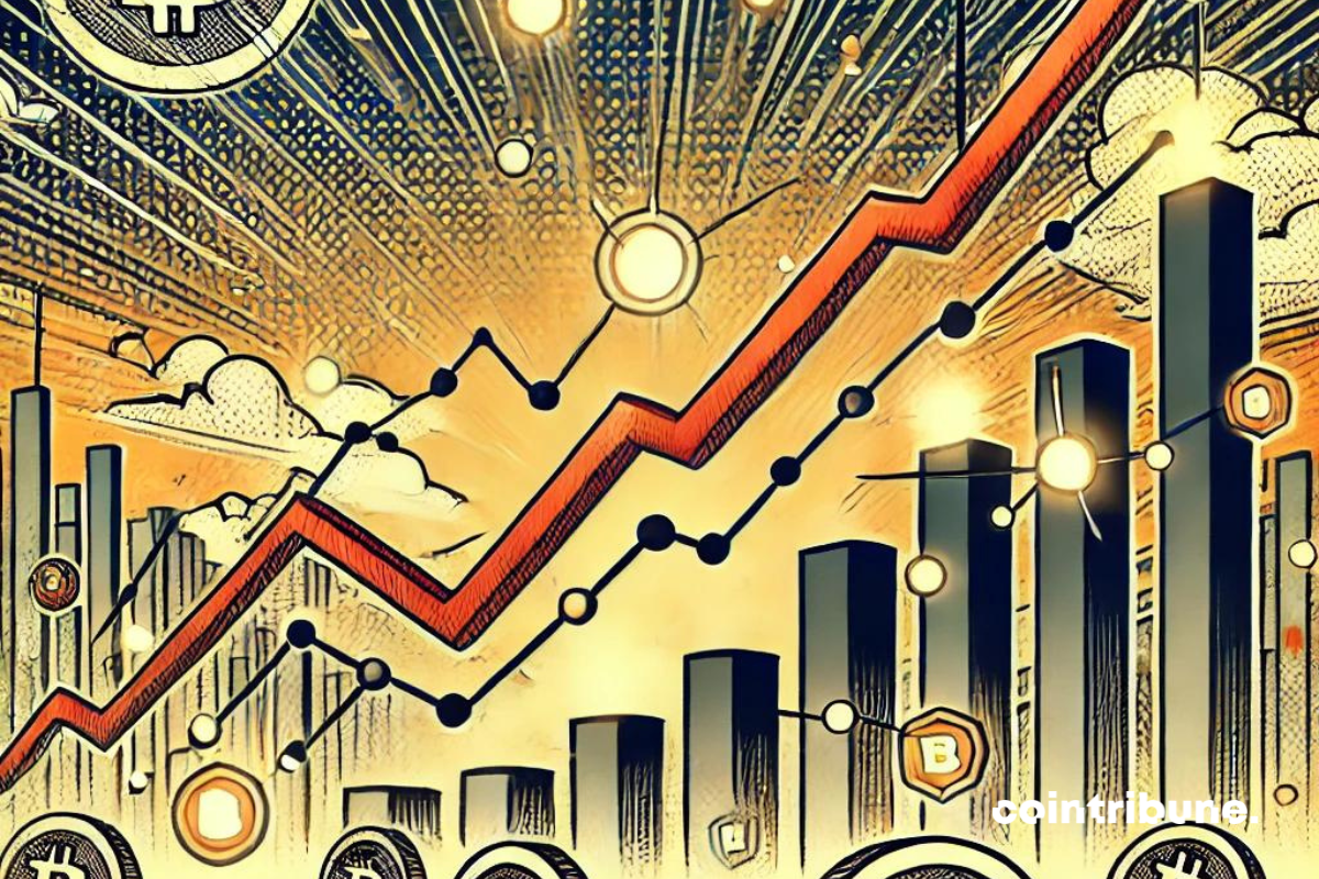 Un graphique subtil symbolisant la montée rapide puis la chute dans le réseau Bitcoin Runes. Des éléments visuels de la blockchain sont intégrés, et la silhouette floutée de la pièce de Bitcoin apparaît en arrière-plan.