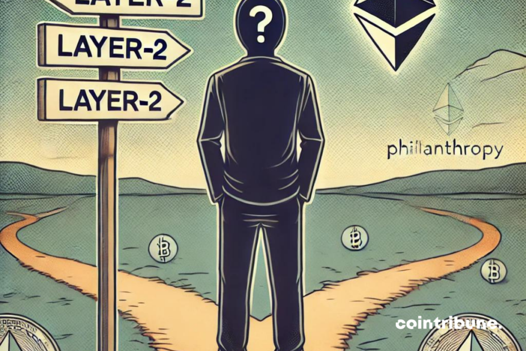 Une silhouette de Vitalik Buterin se tenant face à un chemin bifurqué, symbolisant une prise de décision. À gauche, un panneau indiquant 'Layer-2' avec des pièces de crypto flottant autour, et à droite, un chemin plus serein menant vers un symbole de philanthropie.