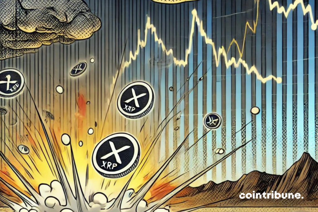 Une chute soudaine dans le marché des cryptomonnaies : un graphique en arrière-plan montrant une baisse marquée, avec des jetons XRP flottants dans l'air comme s'ils étaient emportés par un vent violent. Le fond reste sombre et orageux, symbolisant l'incertitude du marché, tandis qu'une lumière faible tente de percer, représentant un potentiel rebond fragile.