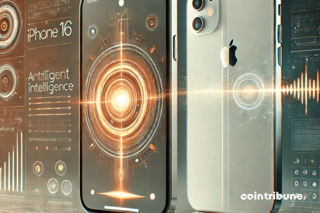 Un iPhone 16 d'Apple élégant et futuriste, affiché sur un fond minimaliste et épuré. Des indices subtils d'intelligence artificielle, comme des flux de données lumineux et des interfaces holographiques, émanent du dispositif. En arrière-plan, des motifs technologiques abstraits et du code numérique suggèrent l'innovation. L'écran du téléphone met en valeur un assistant intelligent, évoquant discrètement les capacités améliorées de Siri.