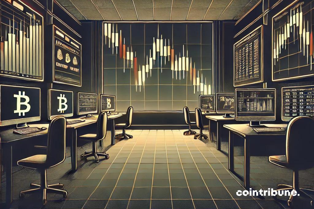 Une scène épurée et sombre d'une salle de marché numérique vide, avec des graphiques de cours de Bitcoin (BTC) en baisse projetés sur des écrans. Quelques ordinateurs sont allumés, mais l'ambiance générale est calme et presque inquiétante, reflétant l'absence de traders et l'attente silencieuse d'un marché en chute. La lumière est tamisée, renforçant l'idée d'un déclin mystérieux et inattendu dans les échanges de cryptos.